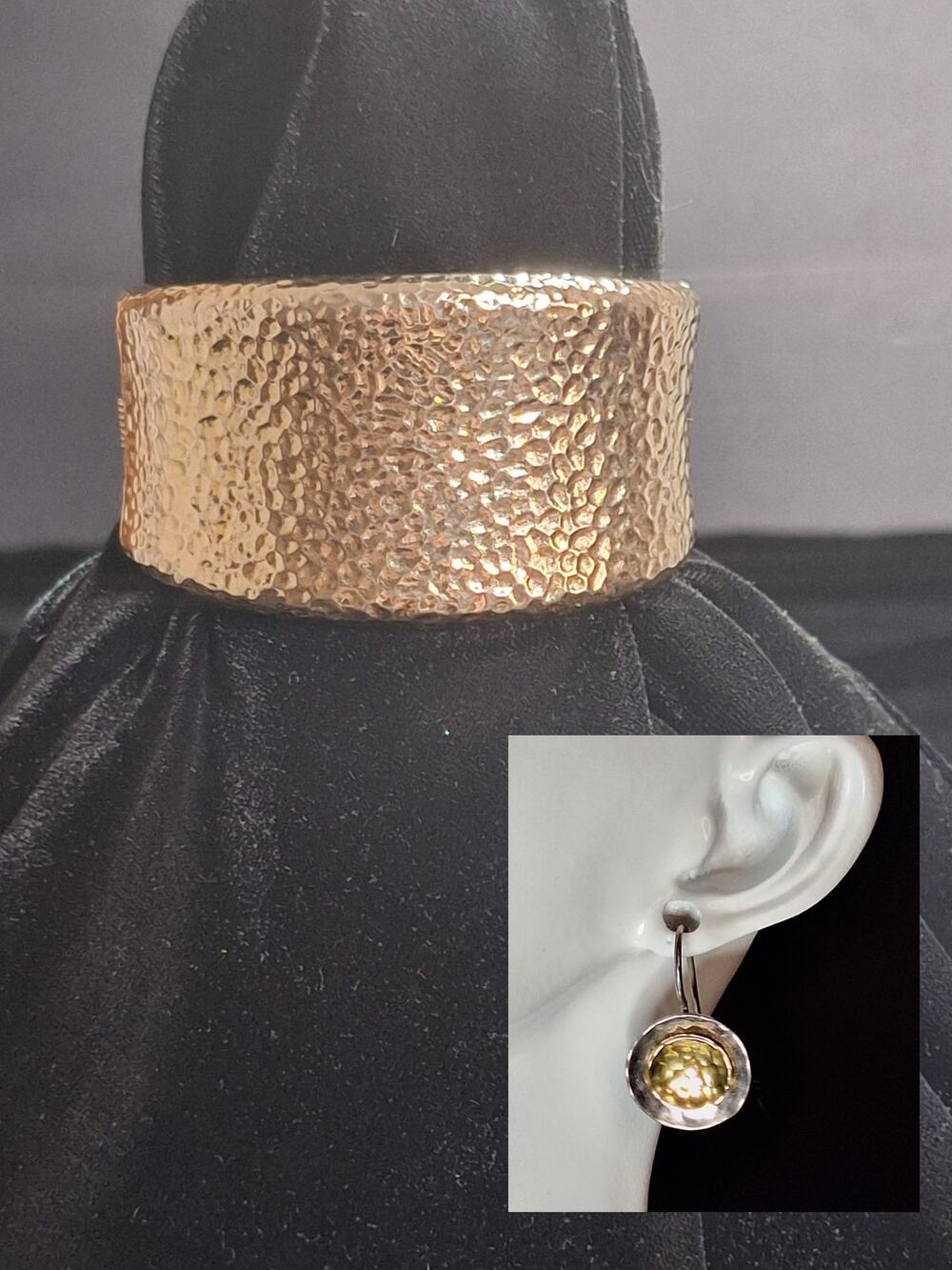 Vintage Hammered Gold Bangle Bracelet 90s Y2K Wide Cuff Style Matching Earrings!